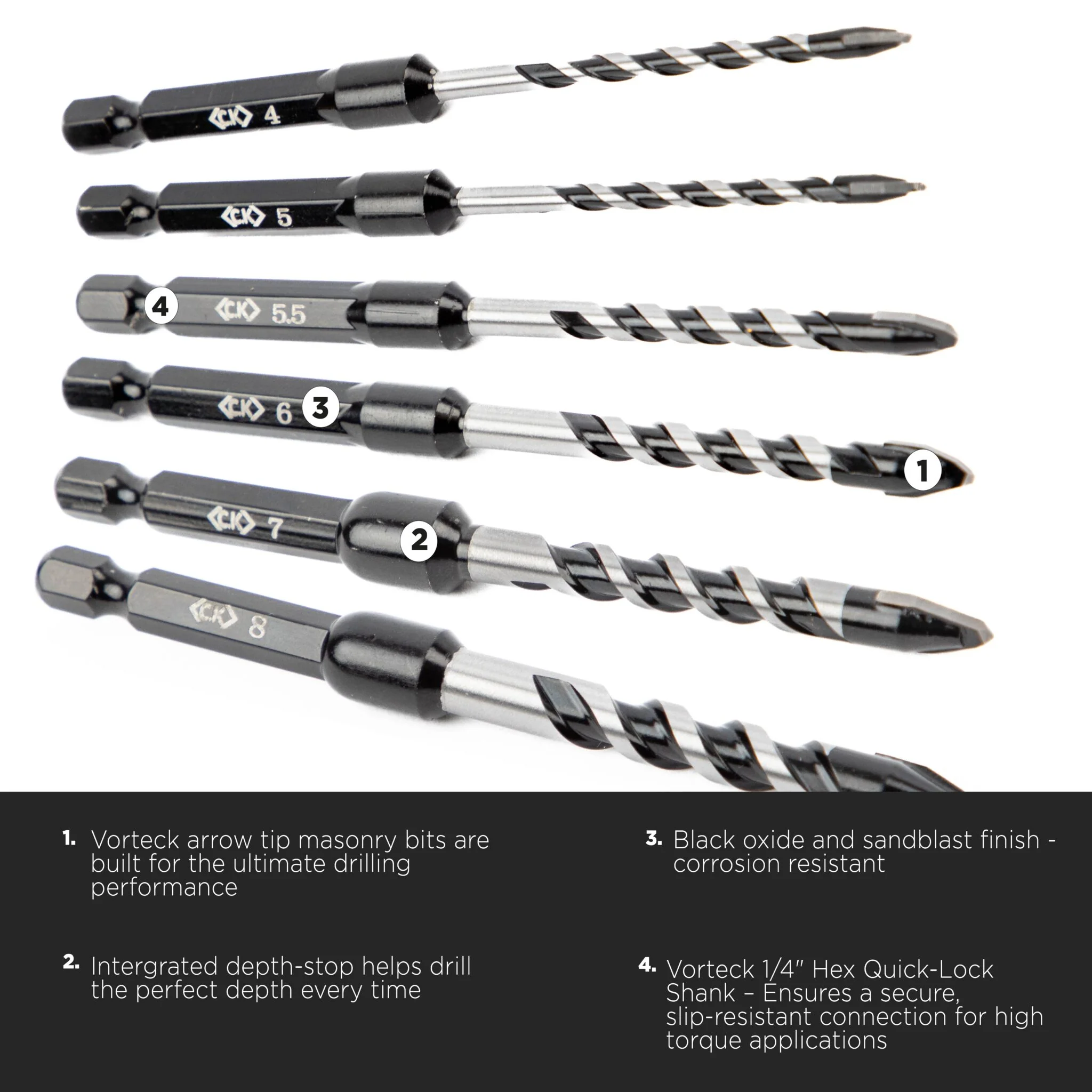 C.K Tools T3115 Vorteck HD Masonry and Tile Drill Bits 4mm-8mm - Image 2