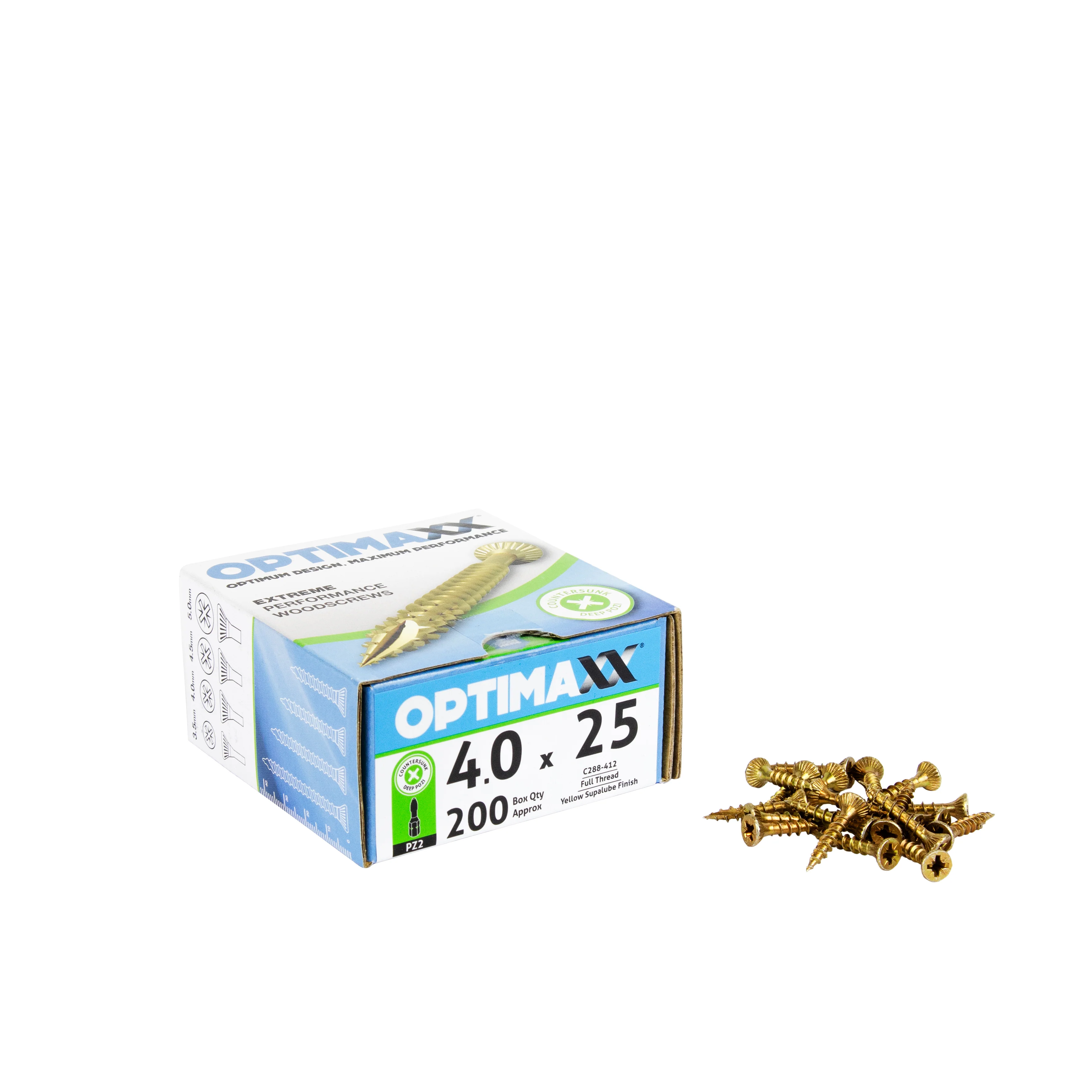 Optimaxx Box of 200 4.0 x 25 mm Full Thread Woodscrews