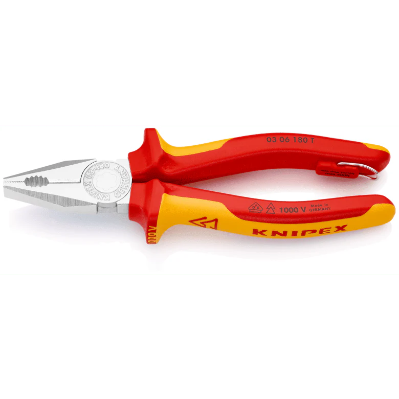 KNIPEX Combination Pliers insulated with multi-component grips, VDE-tested with integrated insulated tether attachment point for a tool tether chrome-plated 180 mm cutting edges with bevel